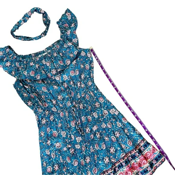 BeBop Like-new Blue Floral SunDress Elastic Ruffle Off Shoulder Mini Size M - Picture 8 of 11